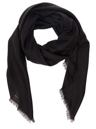 Saint Laurent Men Black Scarf With Jacquard Logo And Fringed Hem In Wool And Silk Man - MENAGERIE Intimates MENS Lingerie