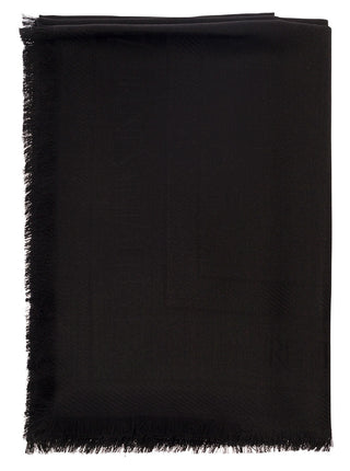 Saint Laurent Men Black Scarf With Jacquard Logo And Fringed Hem In Wool And Silk Man - MENAGERIE Intimates MENS Lingerie