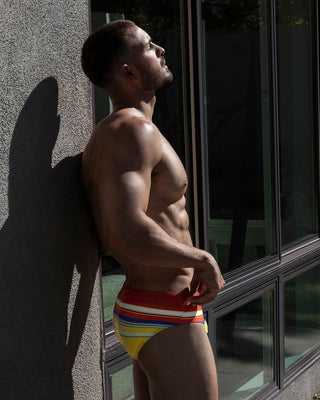 Swim Brief Red Yellow Horizontal Stripes