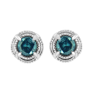 .925 Sterling Silver 1 cttw Treated Black Diamond Modern 4-Prong Solitaire Milgrain Stud Earrings (Black Color, I1-I2 Clarity)