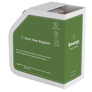 Green and white packaging box with text and icons on a light gray background