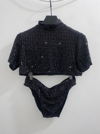 2 Piece Set | Black Sequin Mocked Crop Top + Bikini | Sample Sale - MENAGERIE Intimates MENS Lingerie