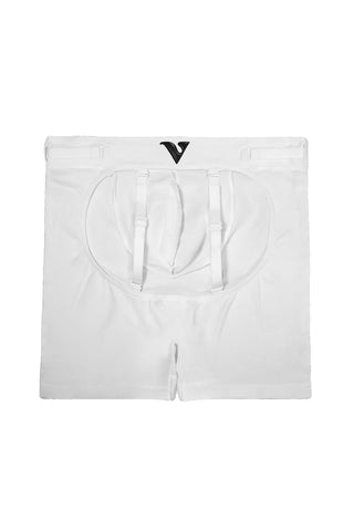 White athletic shorts with a logo on a white background