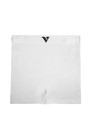 White shorts with a black logo on a white background