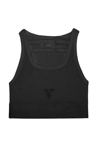 Black compression tank top with a brand logo on a white background