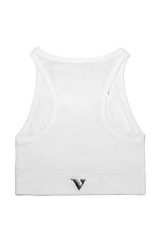 White tank top with a small logo on a white background