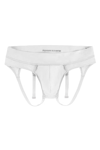 White thong underwear on a white background with 'FREEDOM IS A VIRTUE' branding.