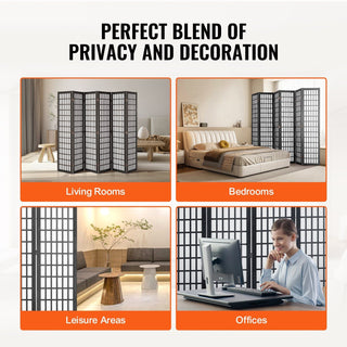 Black 6-Panel Japanese Folding Room Divider & Privacy Screen for Homes & Offices